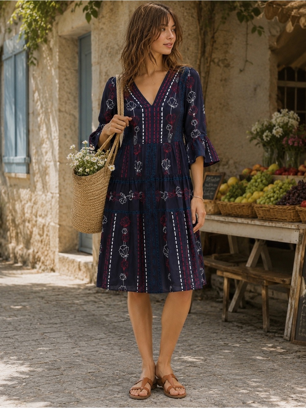 Anthropologie Akemi + Kin Embroidered Midi Dress Navy Boho Size 14
